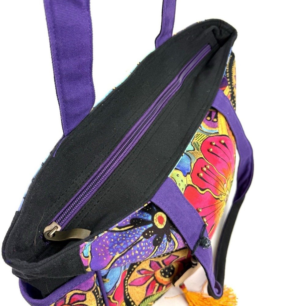 Laurel Burch Handbag Floral Canvas Colorful Boho Beaded Travel Shoulder Bag - Picture 5 of 16